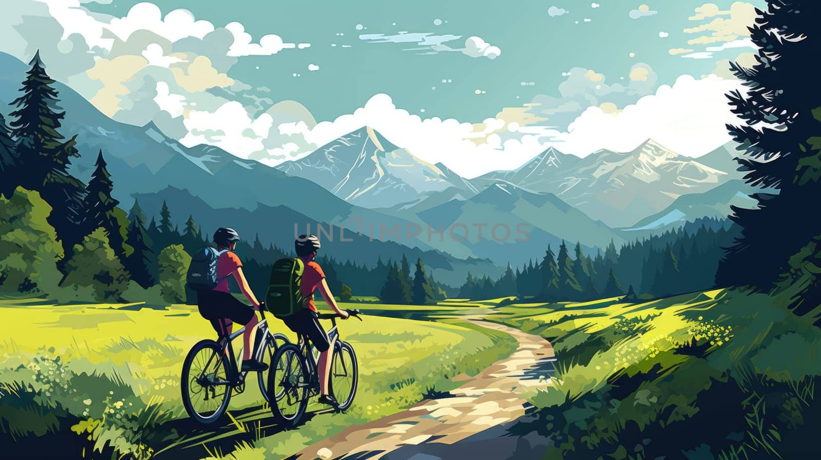 Bike touring adventure cartoon illustration - Generative AI. Bike, road, people, sunset, desert. by simakovavector