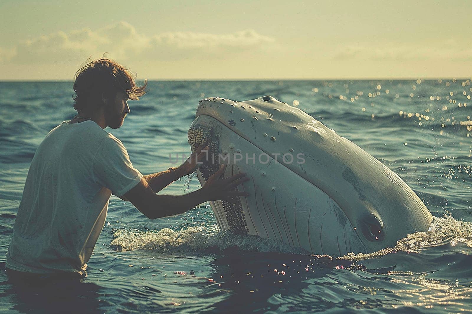 Man and whale. Whale protection concept.