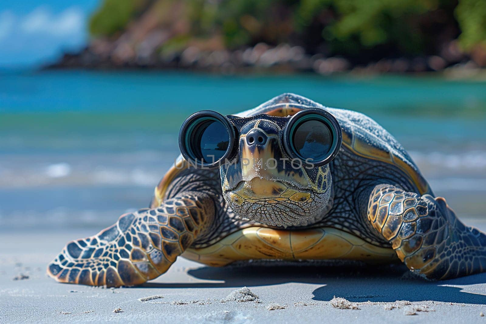Turtle with binoculars in front of his eyes on a sandy beach.