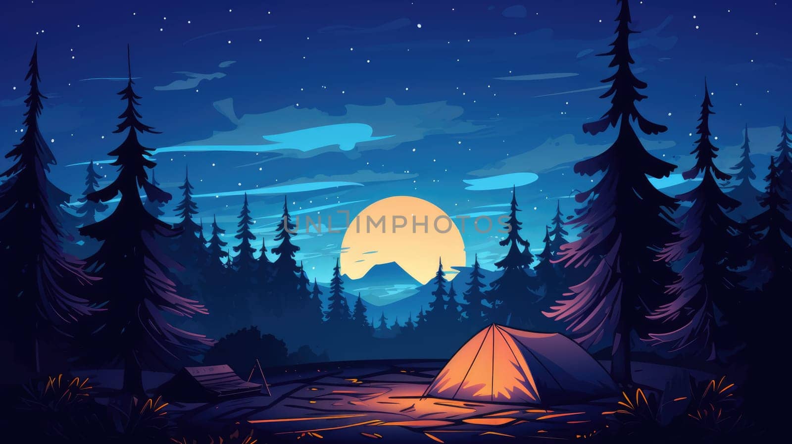 Camping under the stars cartoon illustration - AI generated. Lake, night, pines, stars, tent.
