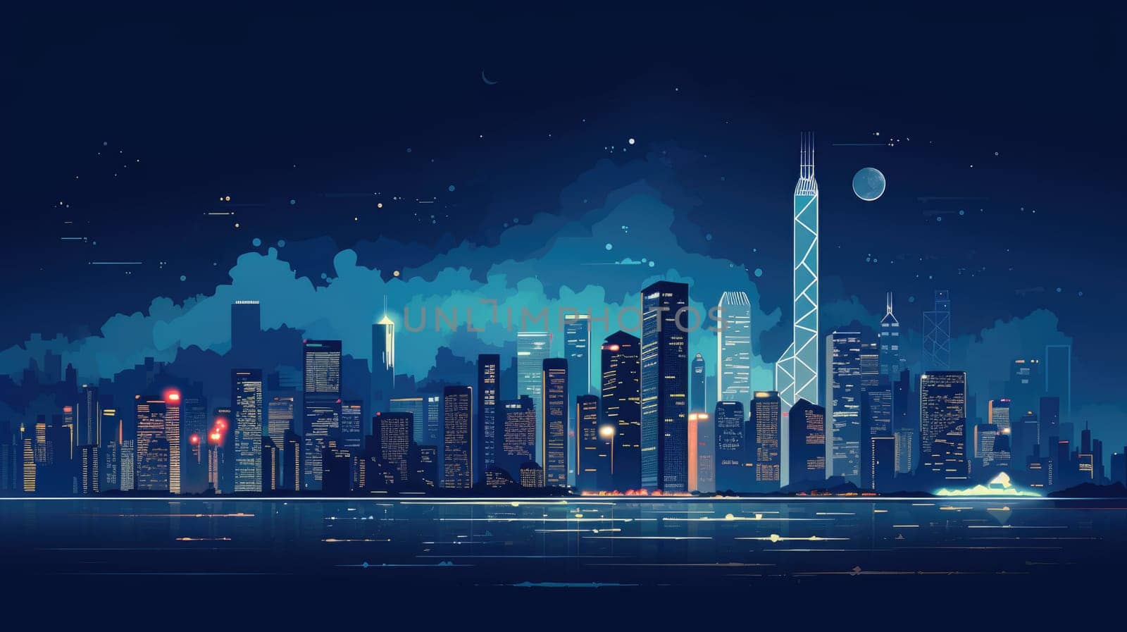 City skylines cartoon illustration - Generative AI. Night, skyscraper, cityscape, moon, water. by simakovavector