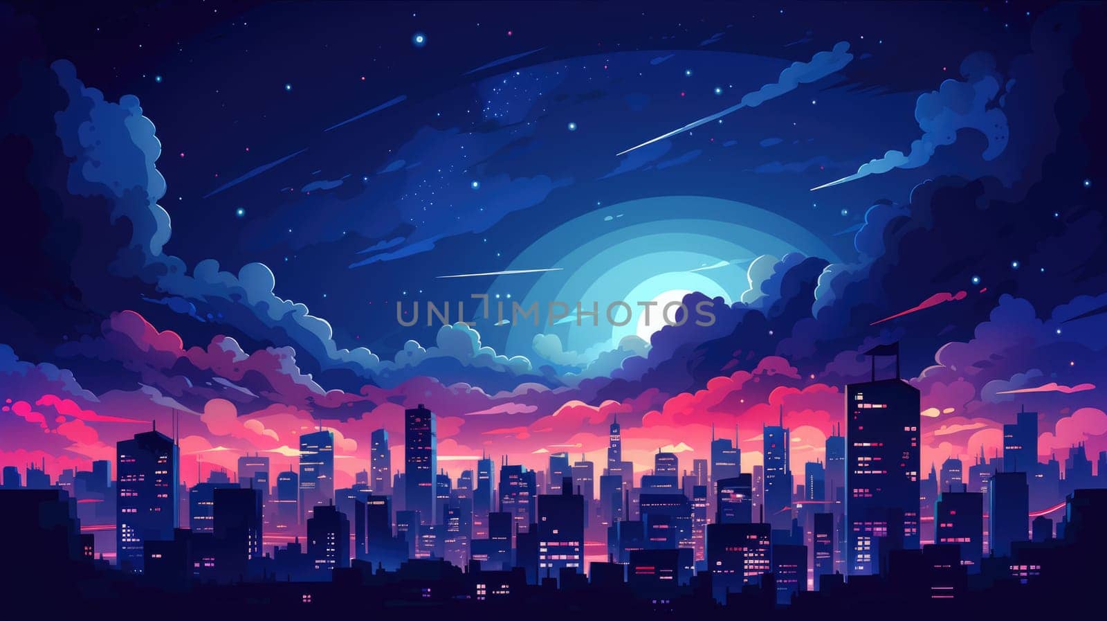 City skylines cartoon illustration - AI generated. Night, skyscraper, cityscape, moon, water.