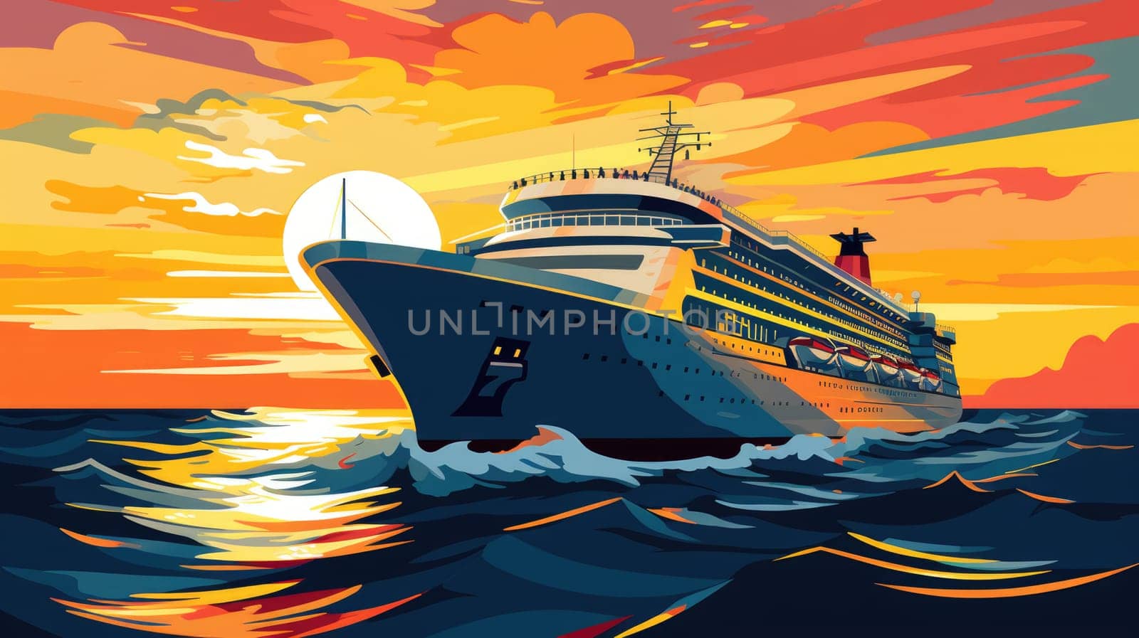 Cruise into the sunset cartoon illustration - AI generated. Sunset, cruise, ship, ocean.
