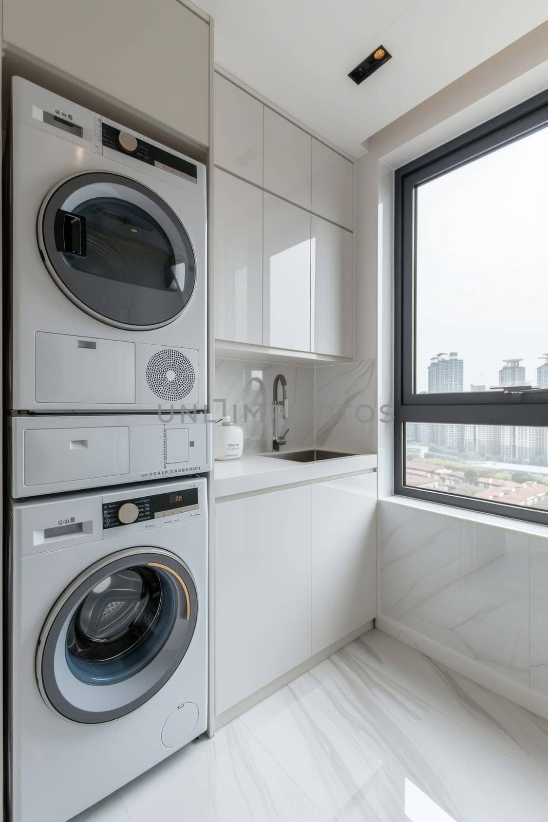 A small kitchen with a white washer and dryer. The washer is on the left side of the room and the dryer is on the right. The room has a modern and clean look