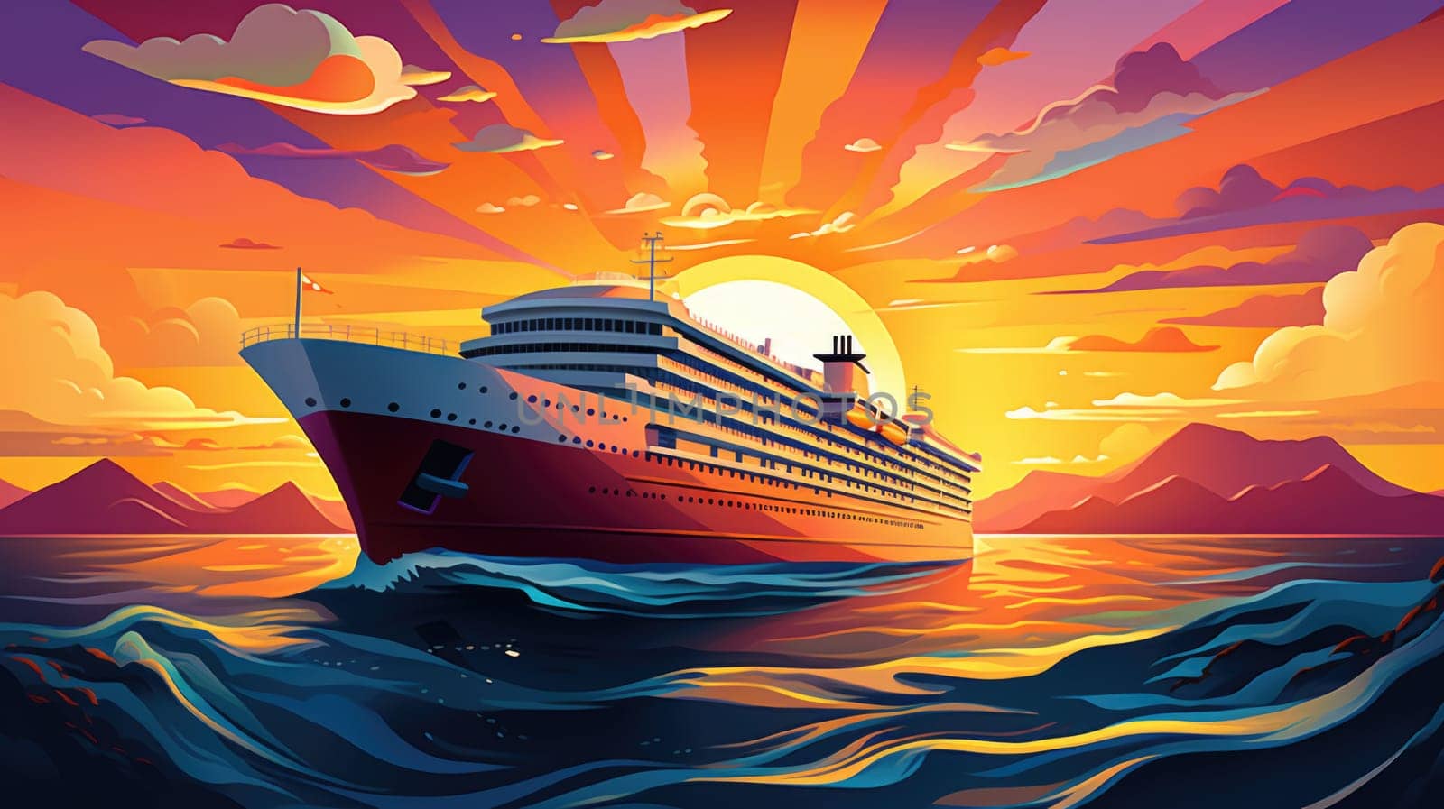 Cruise into the sunset cartoon illustration - AI generated. Sunset, cruise, ship, ocean.
