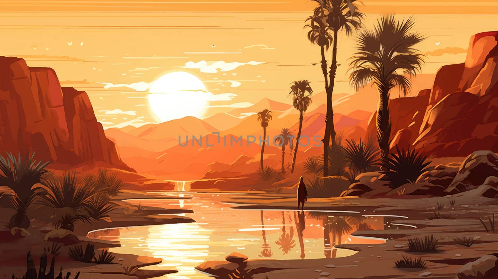 Desert oasis cartoon illustration - Generative AI. Desert, oasis, sun, cliff, palm. by simakovavector