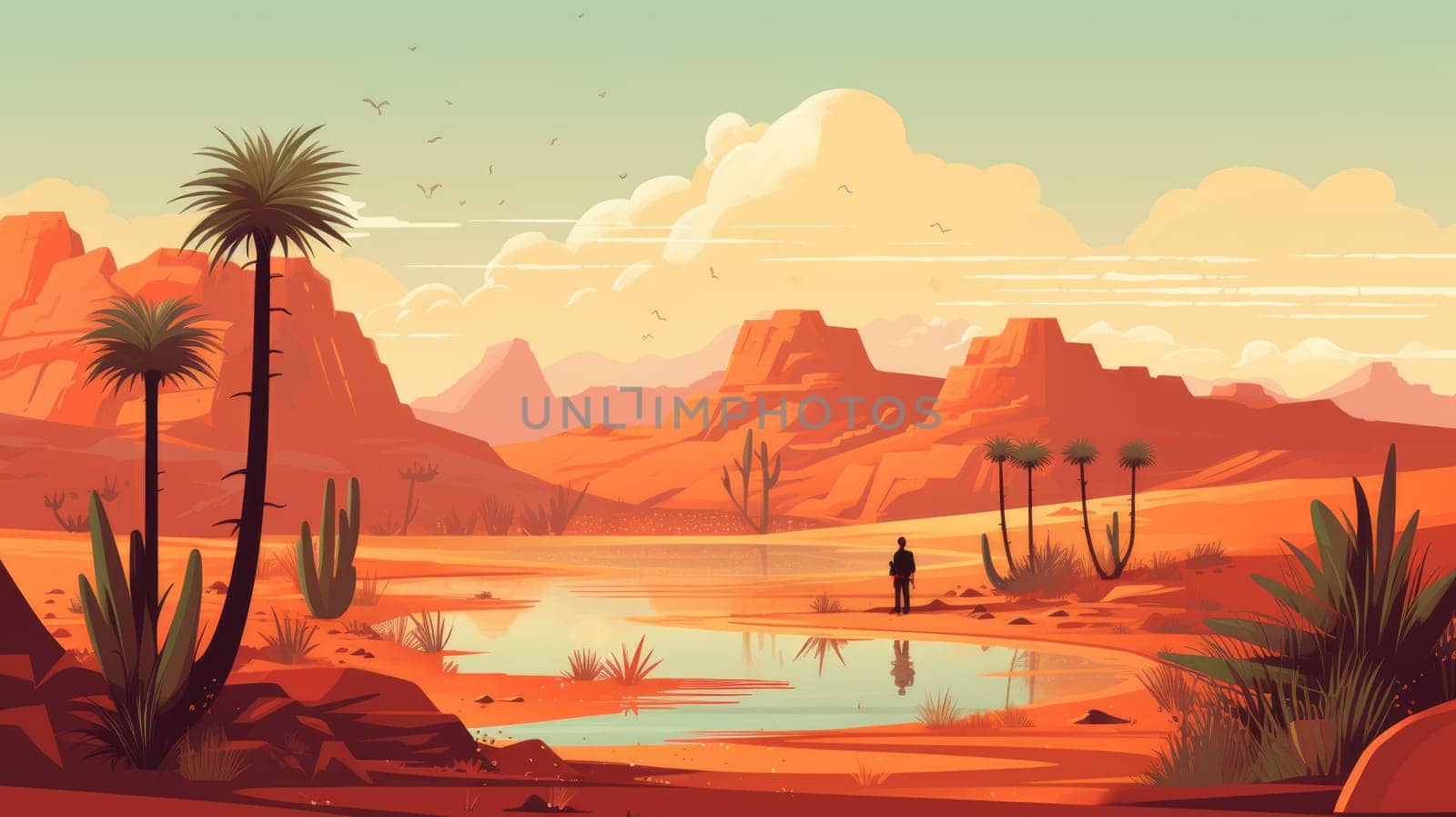 Desert oasis cartoon illustration - Generative AI. Desert, oasis, sun, cliff, palm. by simakovavector