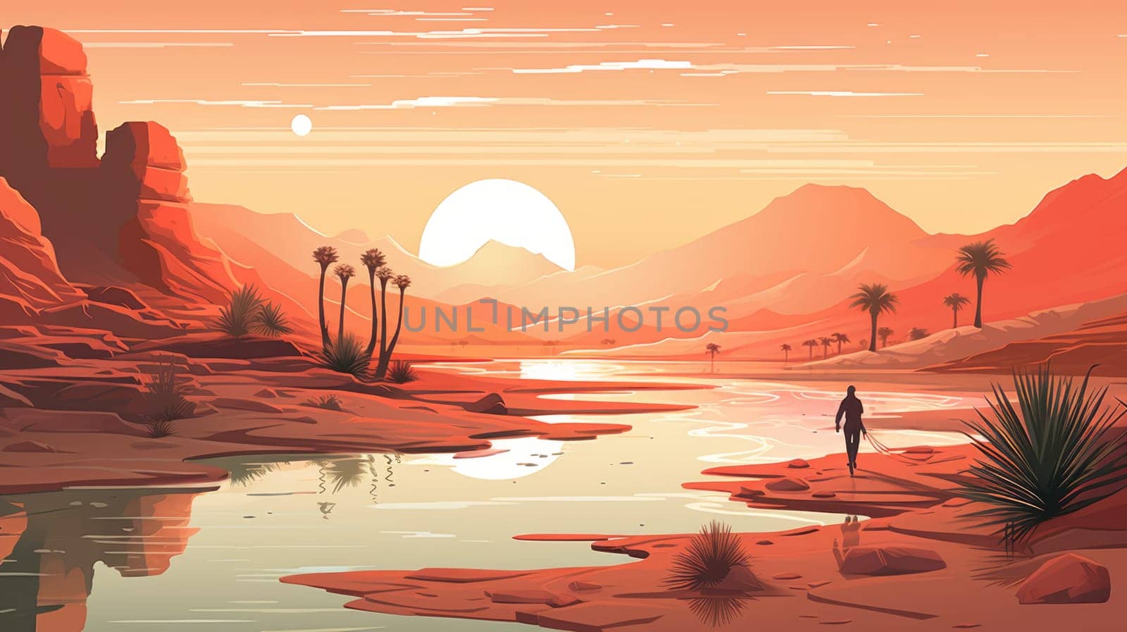 Desert oasis cartoon illustration - Generative AI. Desert, oasis, sun, cliff, palm. by simakovavector