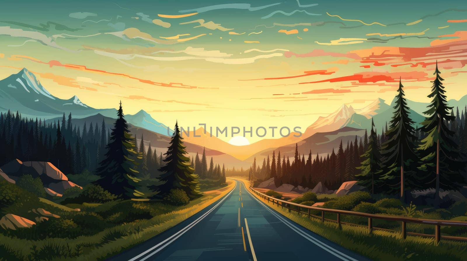 Epic road trip cartoon illustration - Generative AI. Road, sunset, mountain, pines. by simakovavector