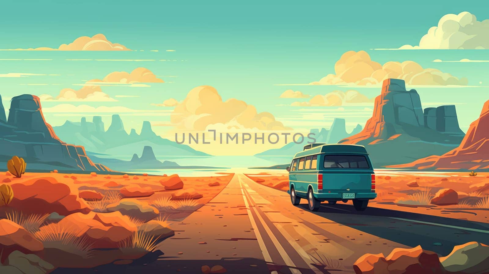 Epic road trip cartoon illustration - AI generated. Road, sunset, mountain, pines.