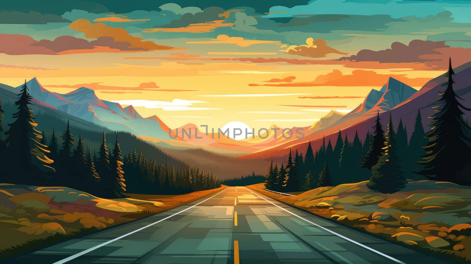 Epic road trip cartoon illustration - AI generated. Road, sunset, mountain, pines.