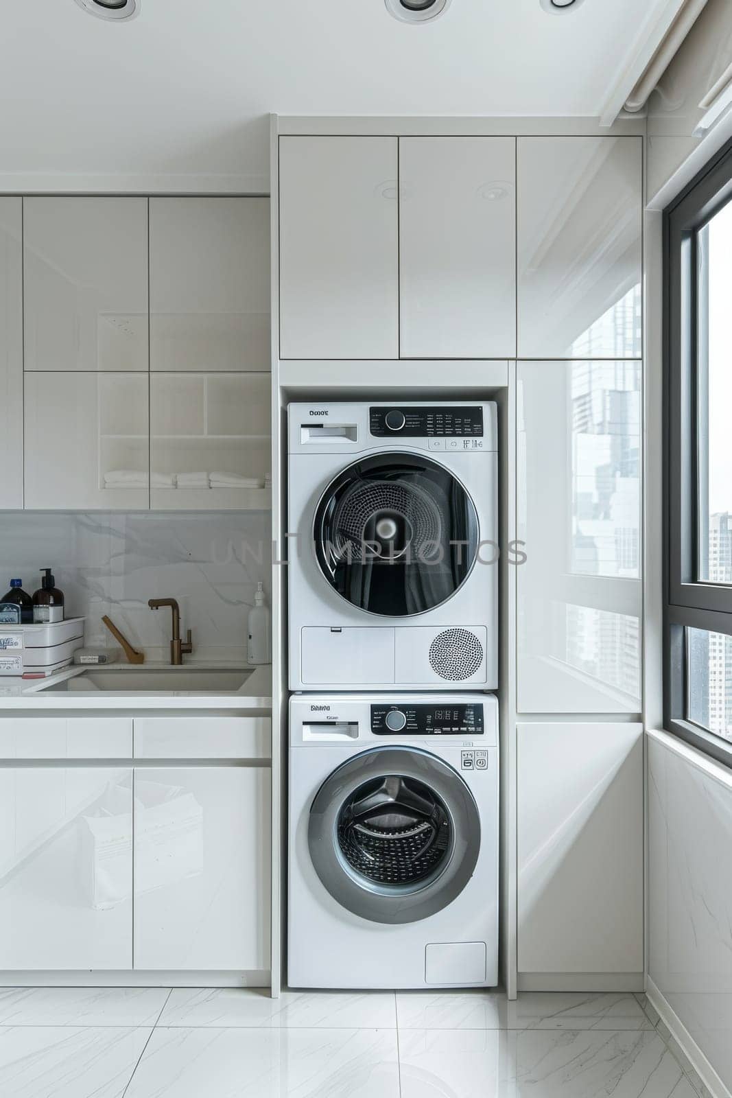 A white washer and dryer are in a kitchen.