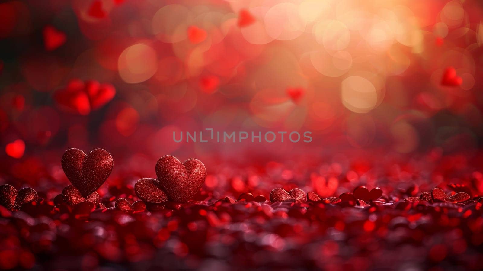 A red background with many hearts scattered around. The hearts are of different sizes and are placed in various positions. Scene is romantic and playful