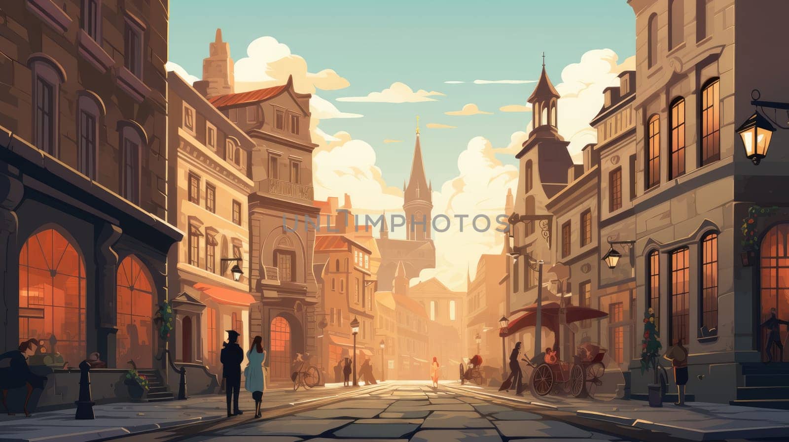 Historic city exploration cartoon illustration - Generative AI. Historic, building, city, people. by simakovavector