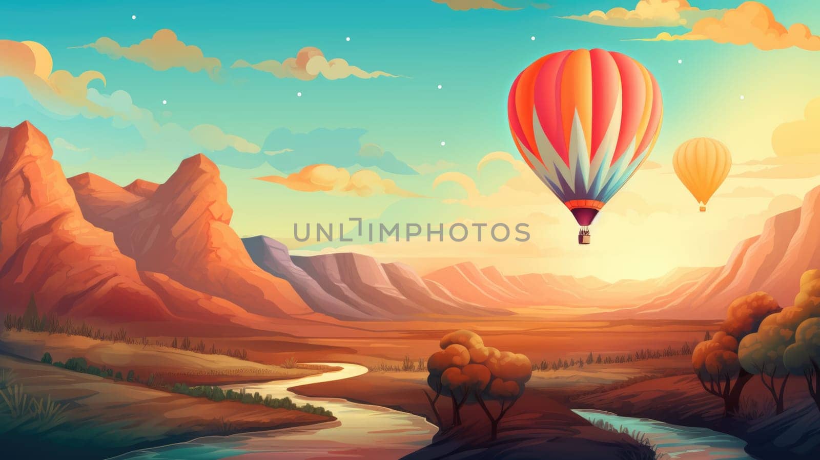 Hot air balloon expedition photo realistic illustration - Generative AI. Air, balloon, expedition, cliff, river. by simakovavector