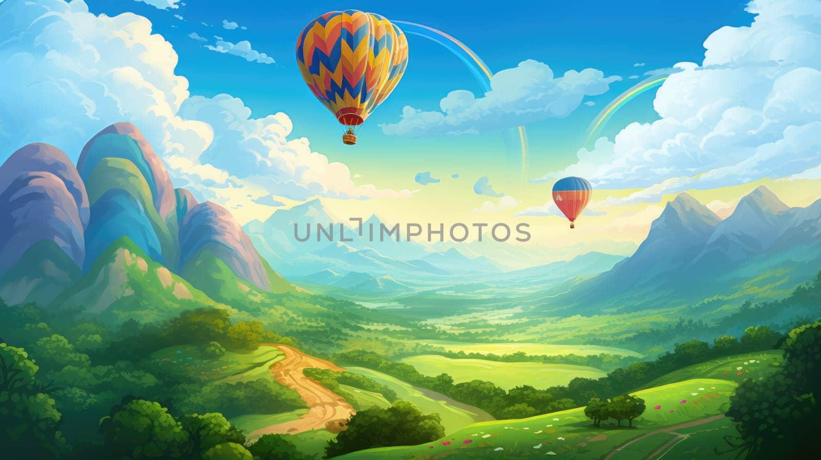 Hot air balloon expedition photo realistic illustration - Generative AI. Air, balloon, expedition, cliff, river. by simakovavector