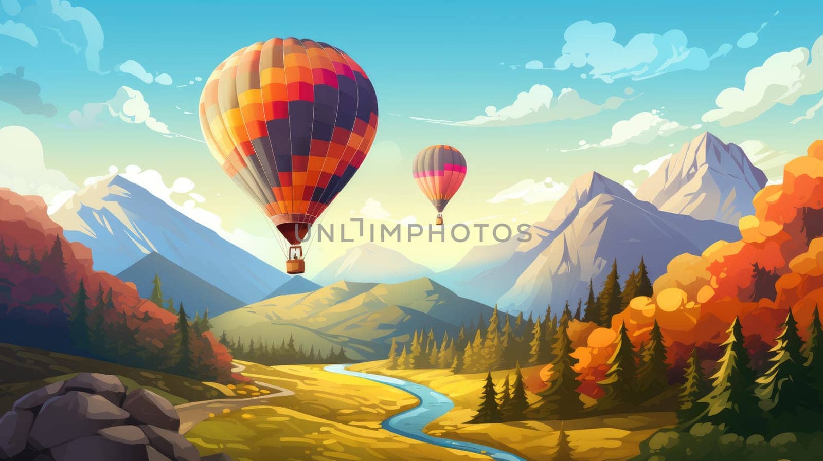 Hot air balloon expedition photo realistic illustration - AI generated. Air, balloon, expedition, cliff, river.