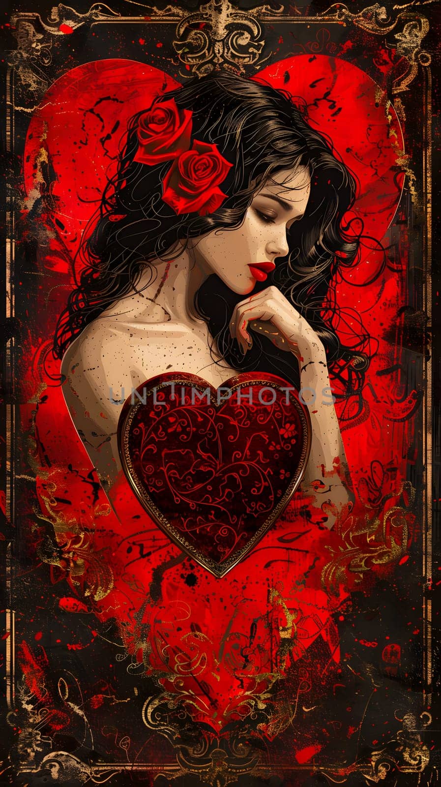 An illustration of a fictional character with roses in her ringlet hair holding a red heart. The visual arts piece combines elements of painting and plant imagery in shades of magenta