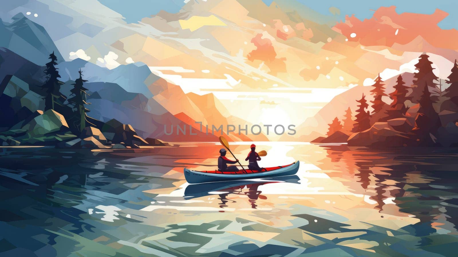 Kayaking expedition photo realistic illustration - Generative AI. People, kayaking, cliff, river. by simakovavector