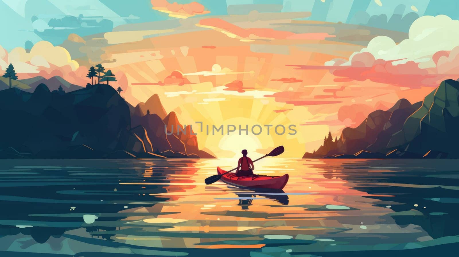 Kayaking expedition photo realistic illustration - Generative AI. People, kayaking, cliff, river. by simakovavector