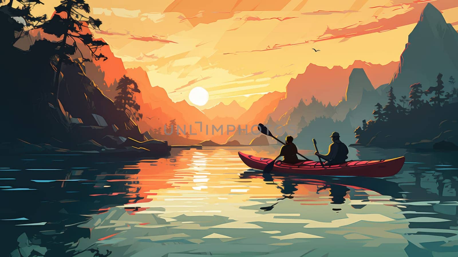 Kayaking expedition photo realistic illustration - AI generated. People, kayaking, cliff, river.