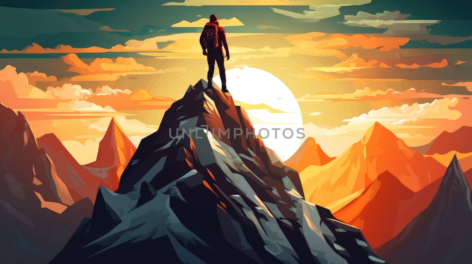 Mountain summit triumph photo realistic illustration - Generative AI. Person, mountain, top, sunset. by simakovavector