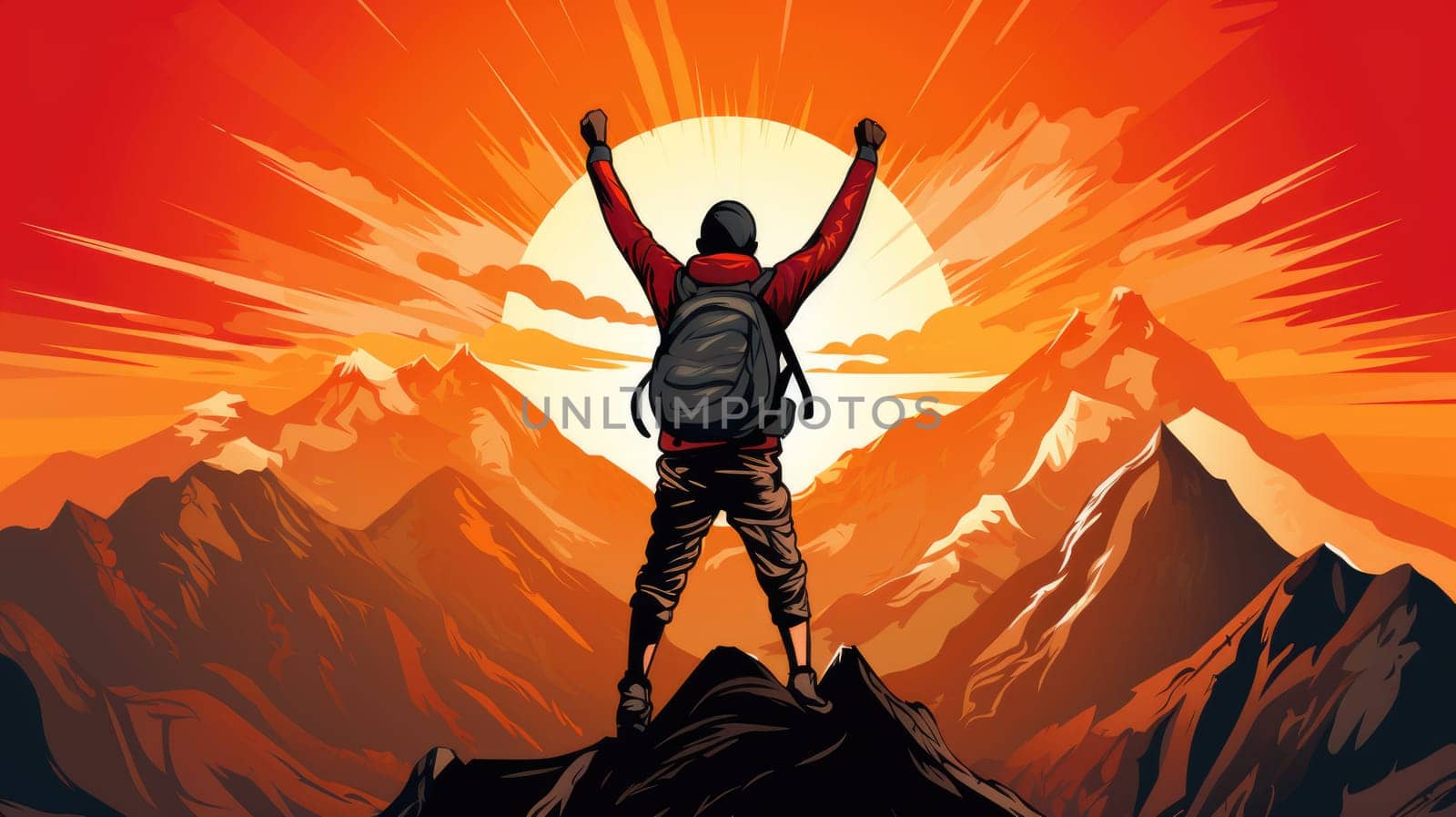 Mountain summit triumph photo realistic illustration - AI generated. Person, mountain, top, sunset.