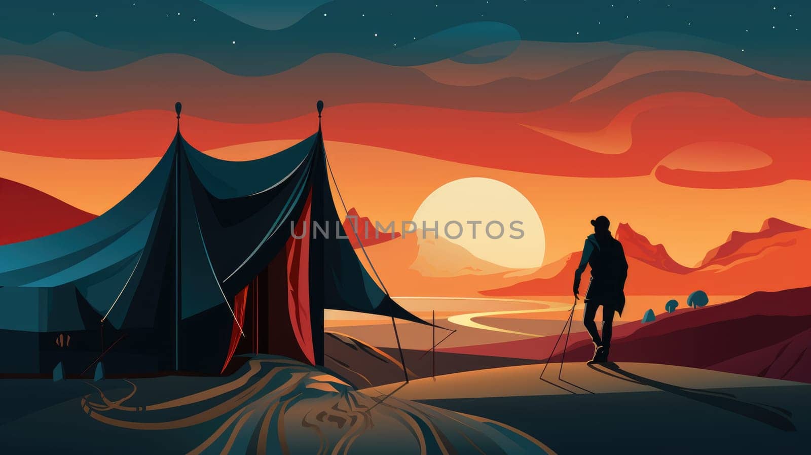 Nomadic lifestyle photo realistic illustration - AI generated. Desert, tent, person, sunset.