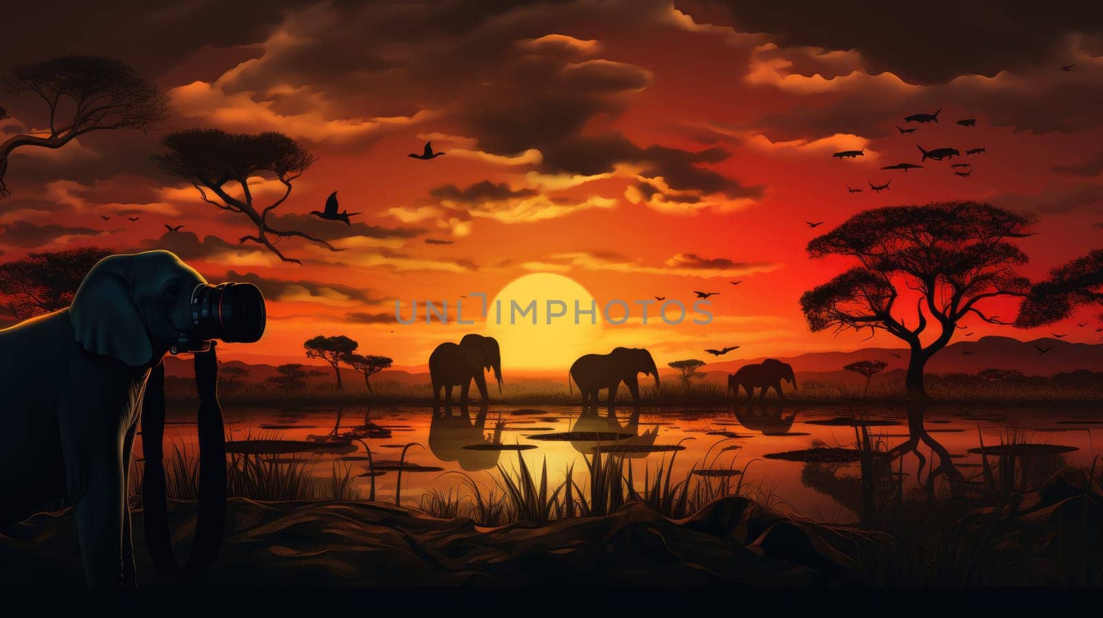 Photography safari photo realistic illustration - AI generated. Savannah, giraffe, photographer, sunset.
