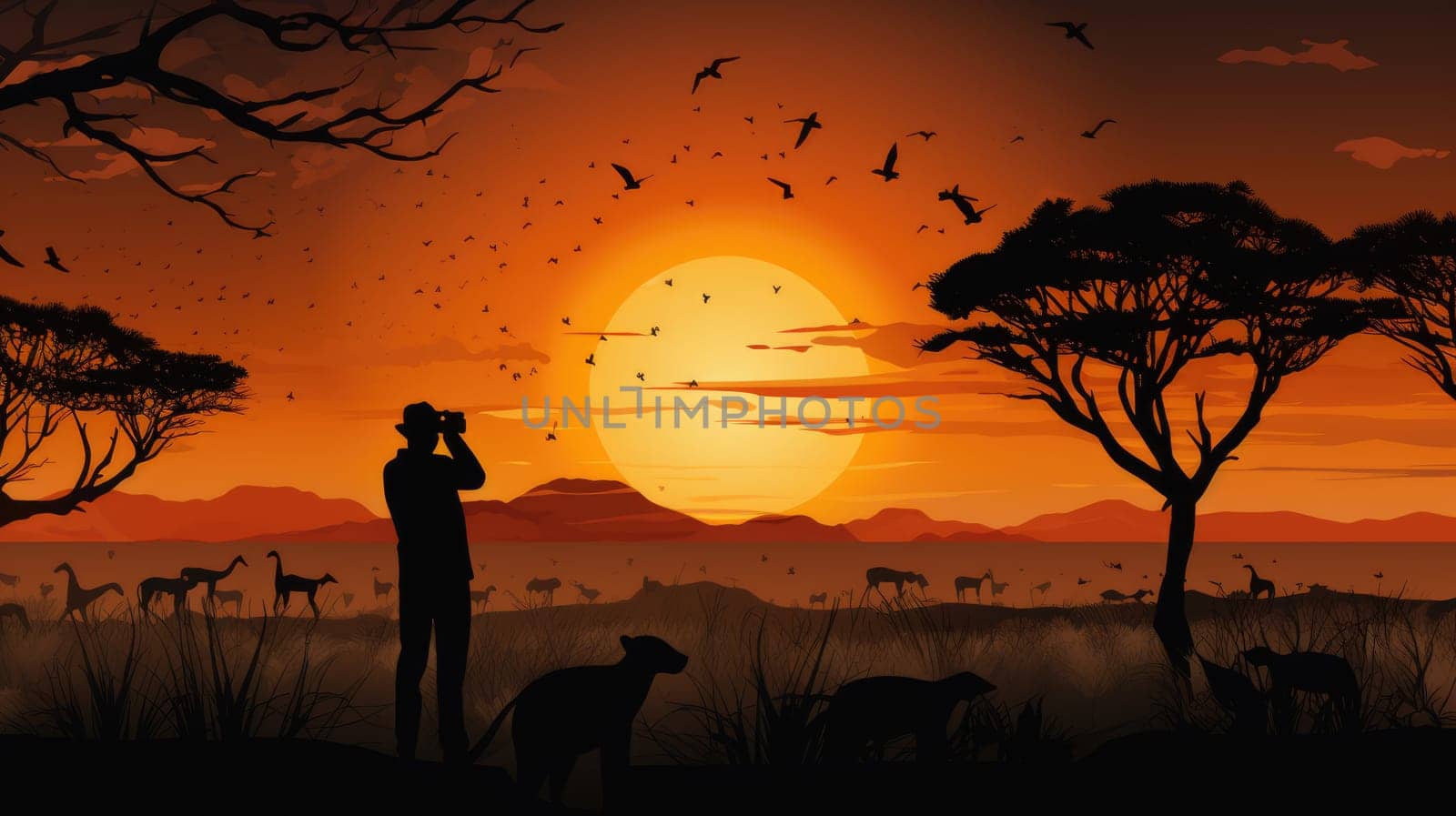 Photography safari photo realistic illustration - Generative AI. Savannah, giraffe, photographer, sunset. by simakovavector