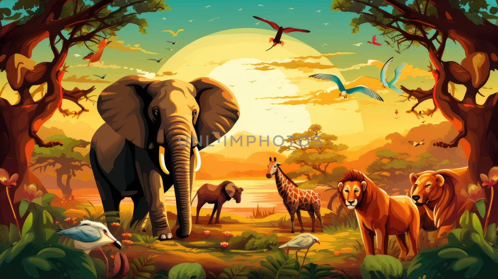 Safari adventure photo realistic illustration - AI generated. Savannah, elephants, tree, sunset.
