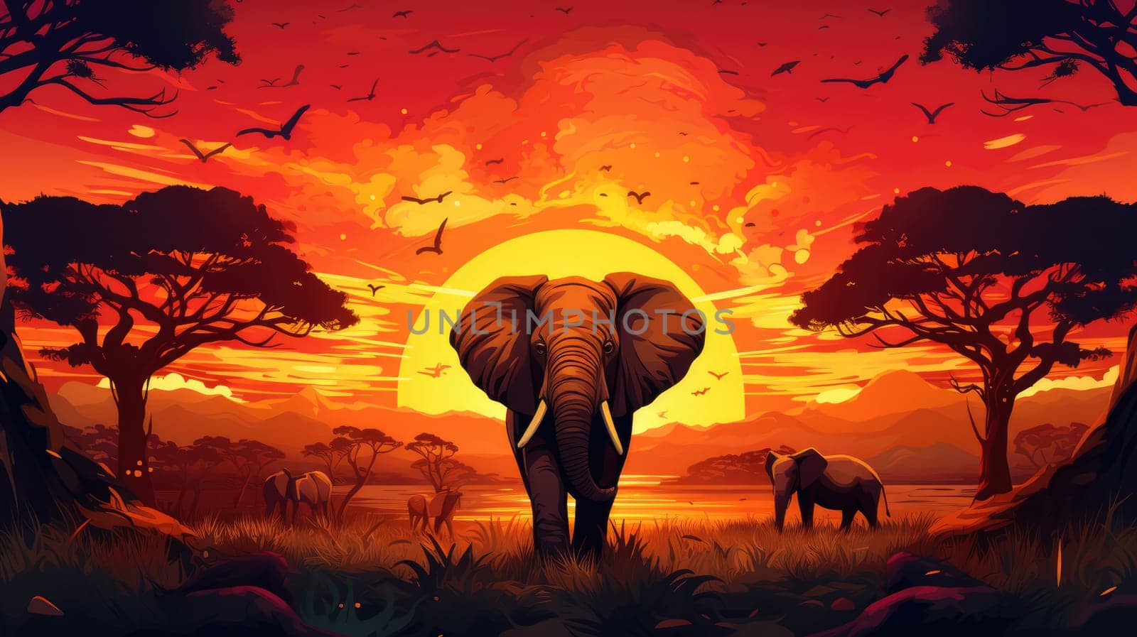 Safari adventure photo realistic illustration - Generative AI. Savannah, elephants, tree, sunset. by simakovavector