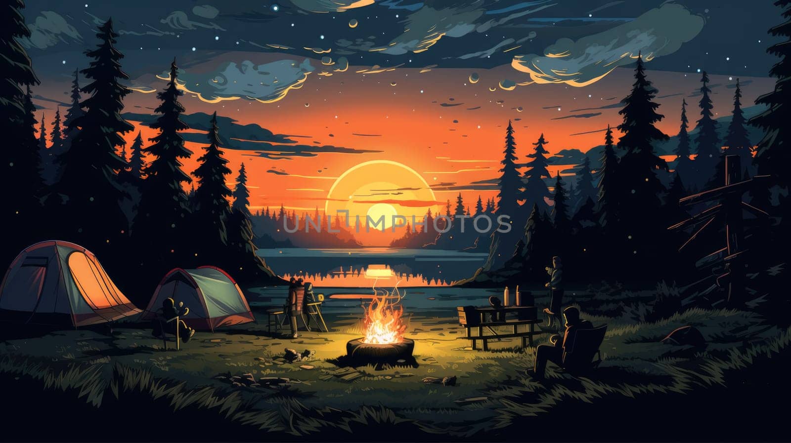 Starlit camping photo realistic illustration - Generative AI. Bonfire, night, pines, stars, tent. by simakovavector