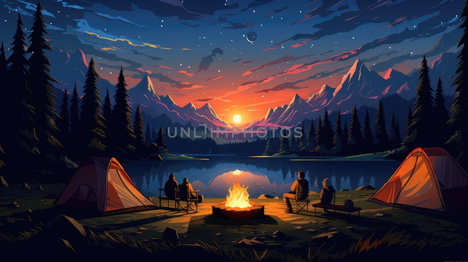 Starlit camping photo realistic illustration - Generative AI. Bonfire, night, pines, stars, tent. by simakovavector