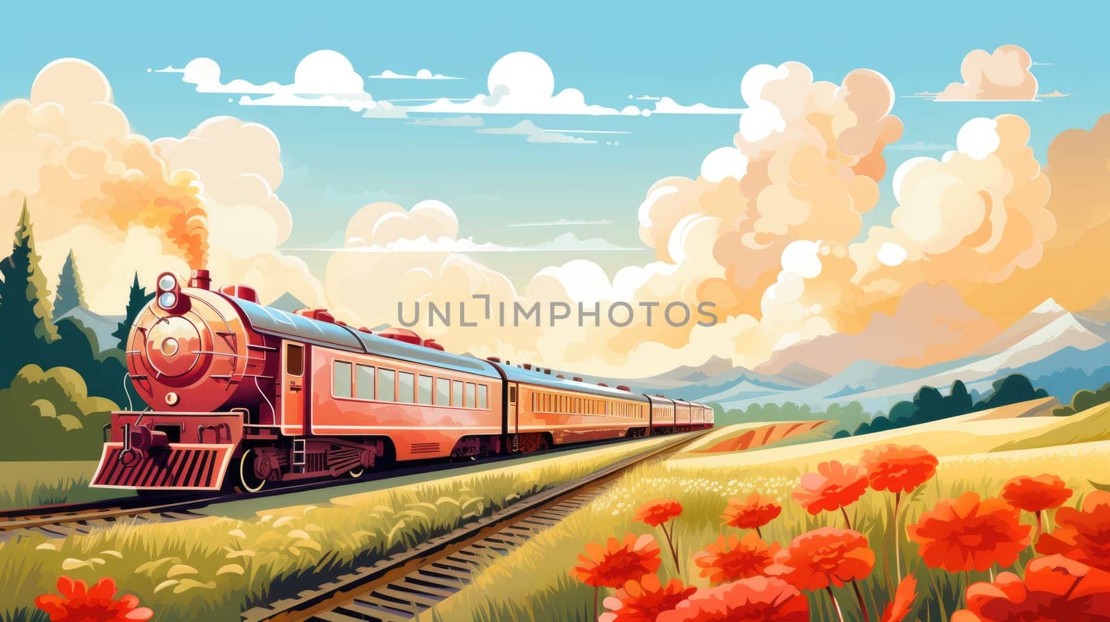 Train journey photo realistic illustration - AI generated. Train, tree, mountain, clouds.