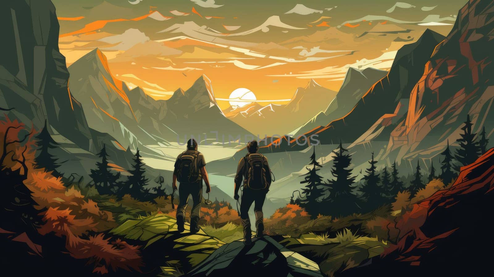 Trekking in the wilderness photo realistic illustration - AI generated. People, trekking, tree, mountain, sunset.