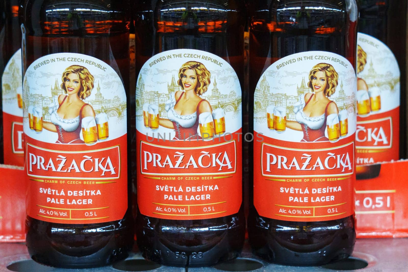 Tyumen, Russia-March 02, 2024: Prazacka Czech bottled light beer Prazacka made using the traditional technology in a superstore