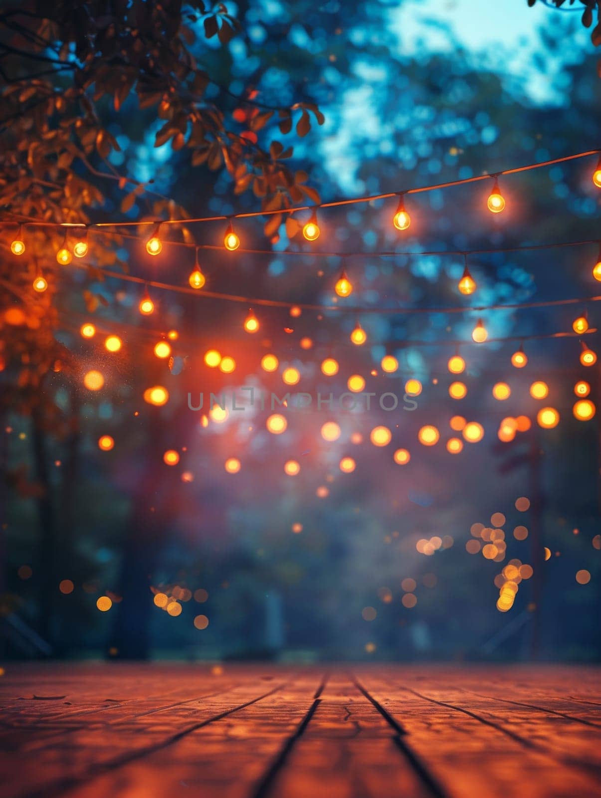 A forest scene with lights hanging from the trees. The lights are orange and create a warm, cozy atmosphere