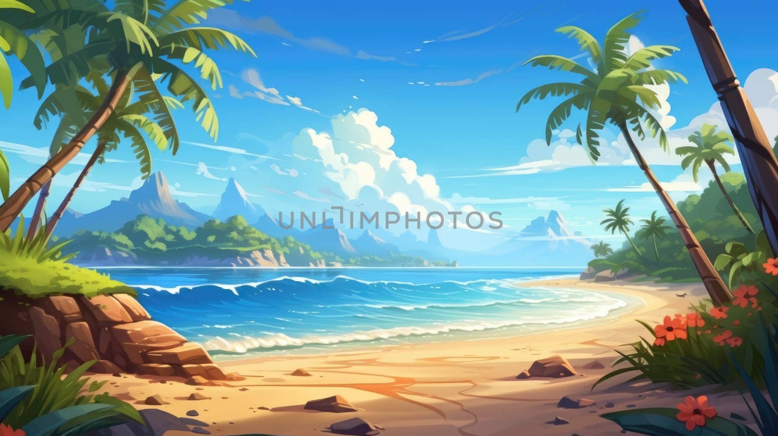 Tropical paradise photo realistic illustration - Generative AI. Blue, ocean, palm, beach, sand. by simakovavector