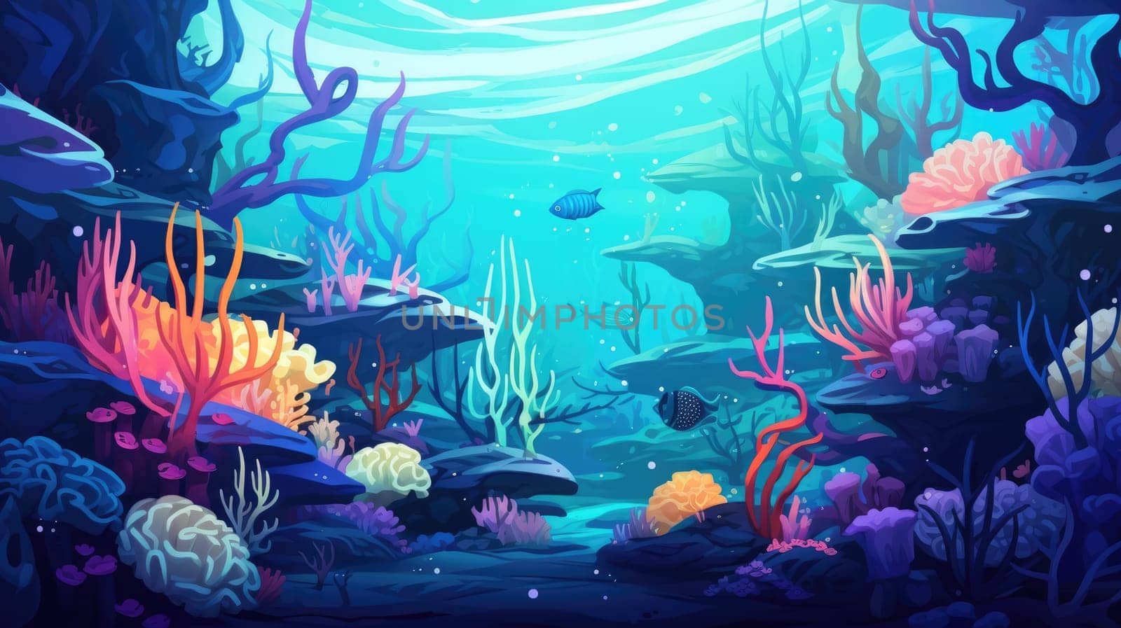 Underwater discovery divers photo realistic illustration - Generative AI. Underwater, seaweed, fish, blue, ocean. by simakovavector