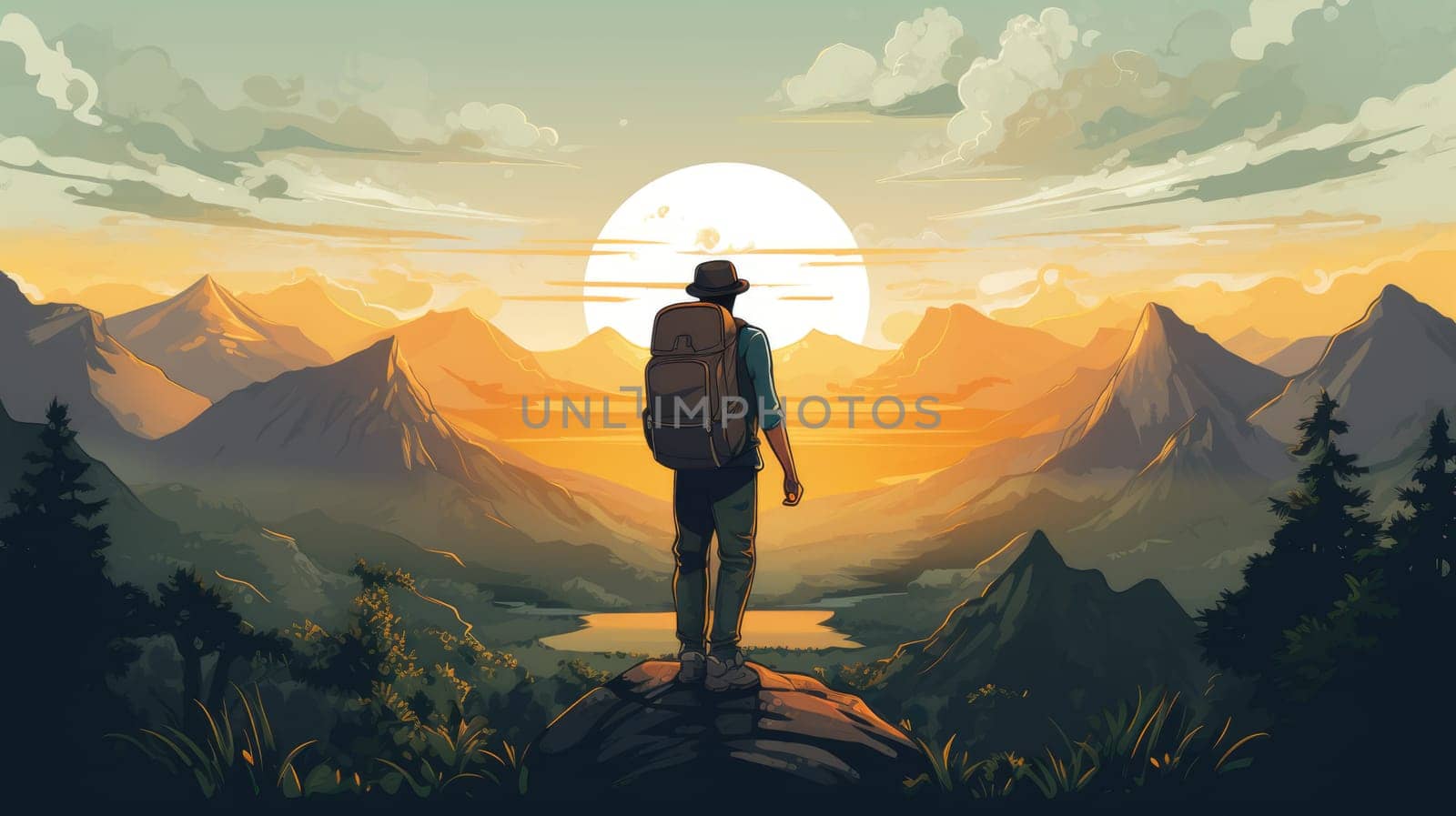 Wanderlust vibes photo realistic illustration - Generative AI. Man, backpack, mountain, top, sunset. by simakovavector