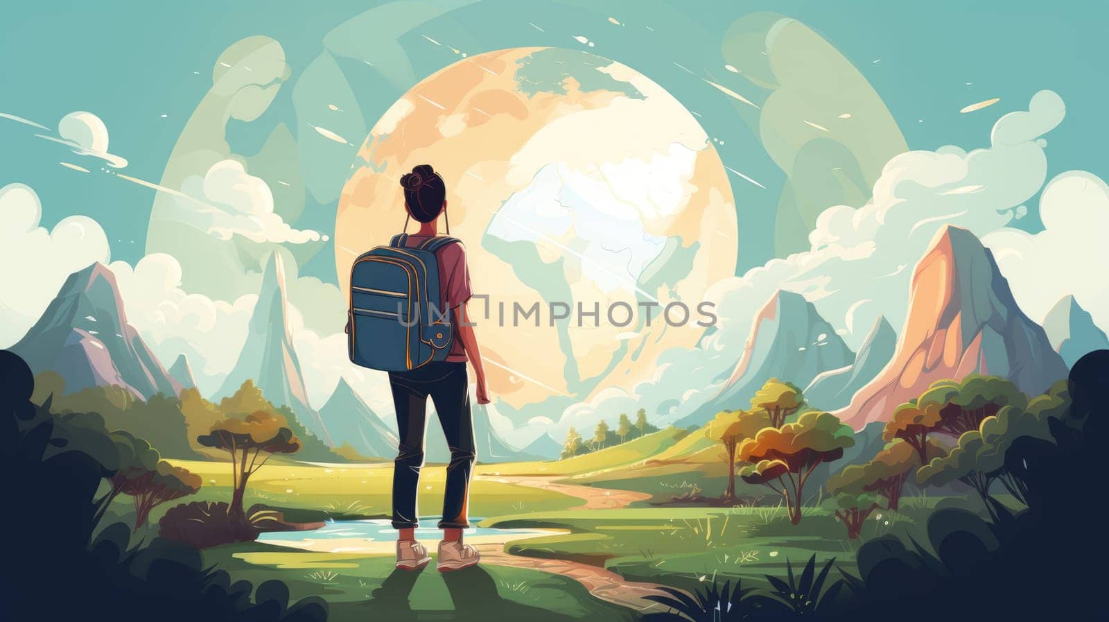 Wanderlust vibes photo realistic illustration - AI generated. Man, backpack, mountain, top, sunset.