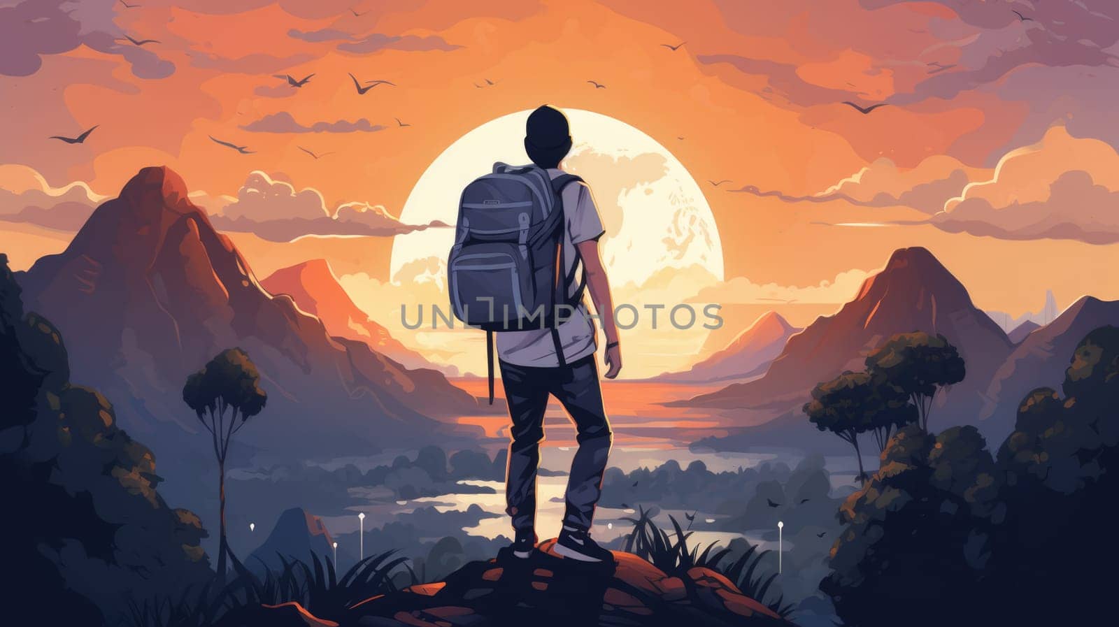Wanderlust vibes photo realistic illustration - AI generated. Man, backpack, mountain, top, sunset.