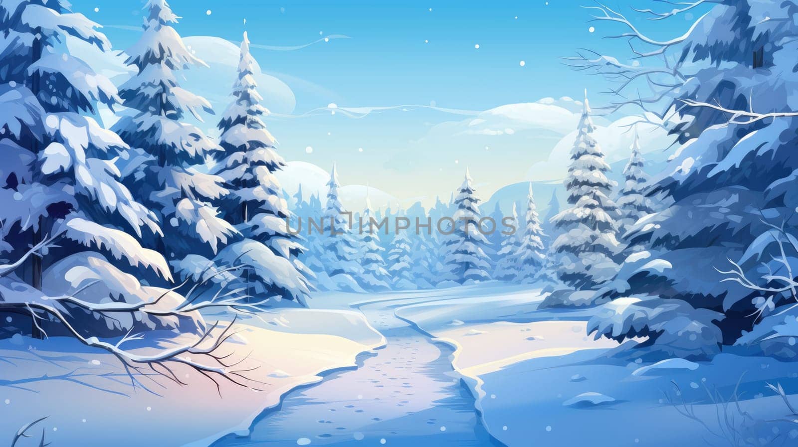 Winter wonderland escape photo realistic illustration - Generative AI. Winter, snow, pines, trail. by simakovavector