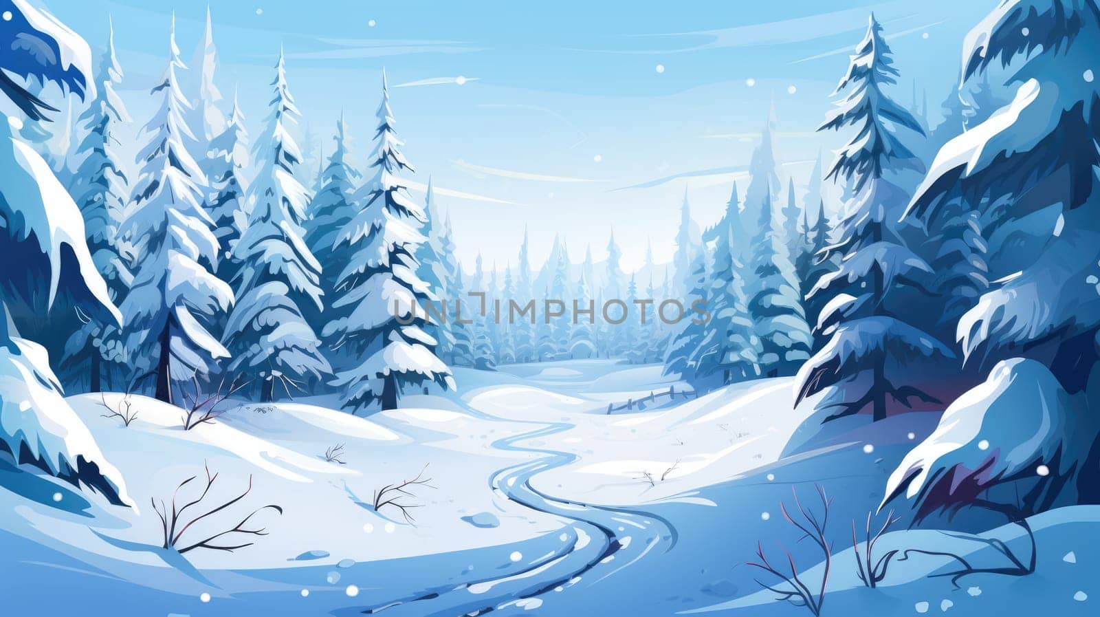 Winter wonderland escape photo realistic illustration - Generative AI. Winter, snow, pines, trail. by simakovavector