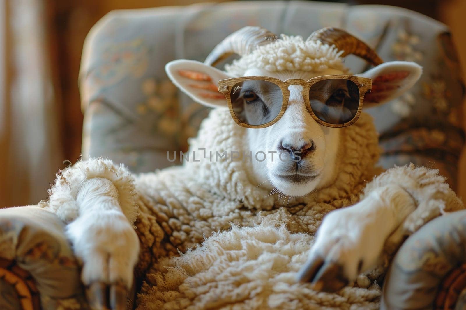 A sheep is wearing sunglasses and sitting on a chair. The sheep is wearing a pair of sunglasses and he is enjoying the sun