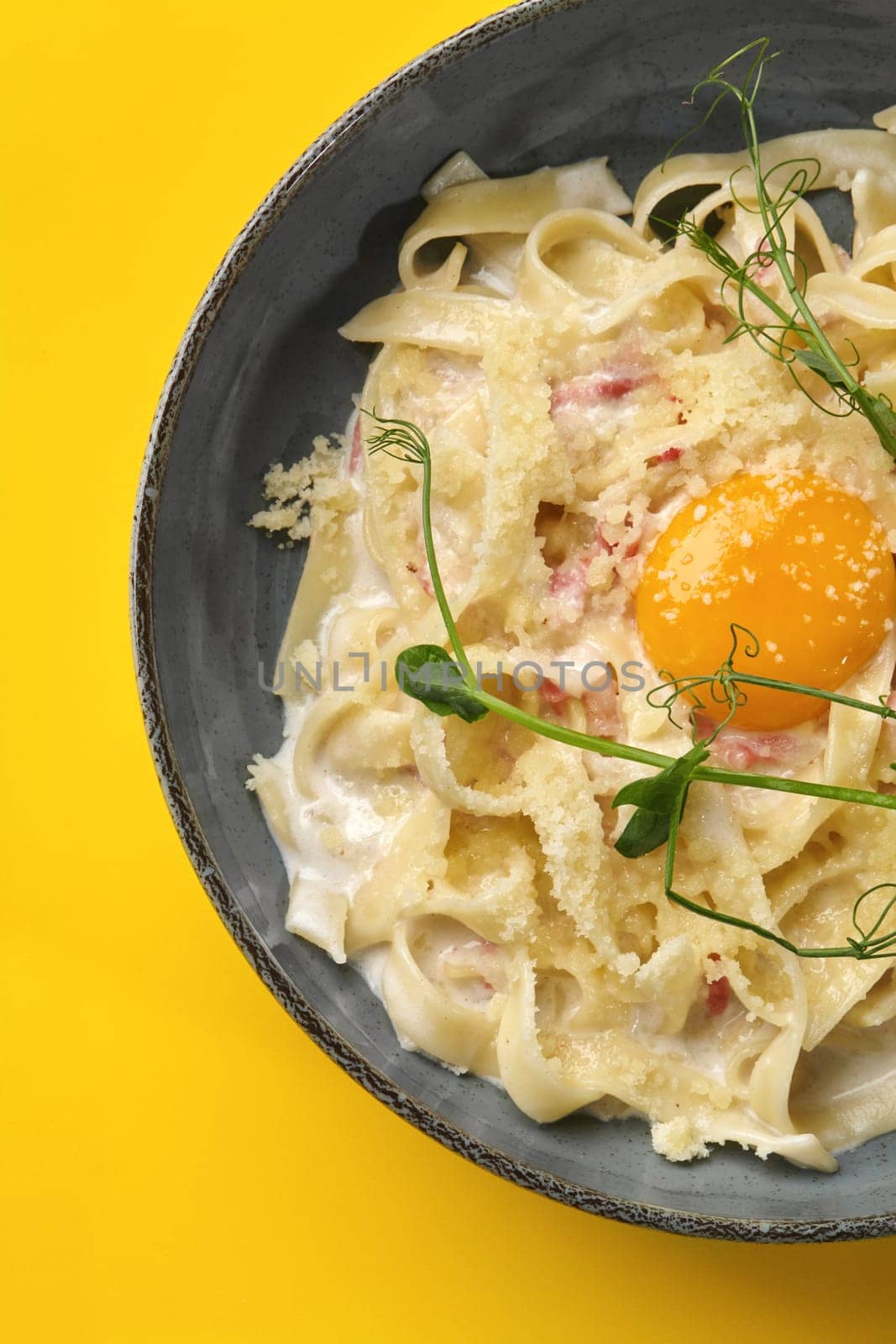 Closeup of classic pasta carbonara with chunks of pancetta, sunny egg yolk and sprinkled with parmesan, garnished with pea shoots for fresh touch, served in gray ceramic plate on yellow backdrop
