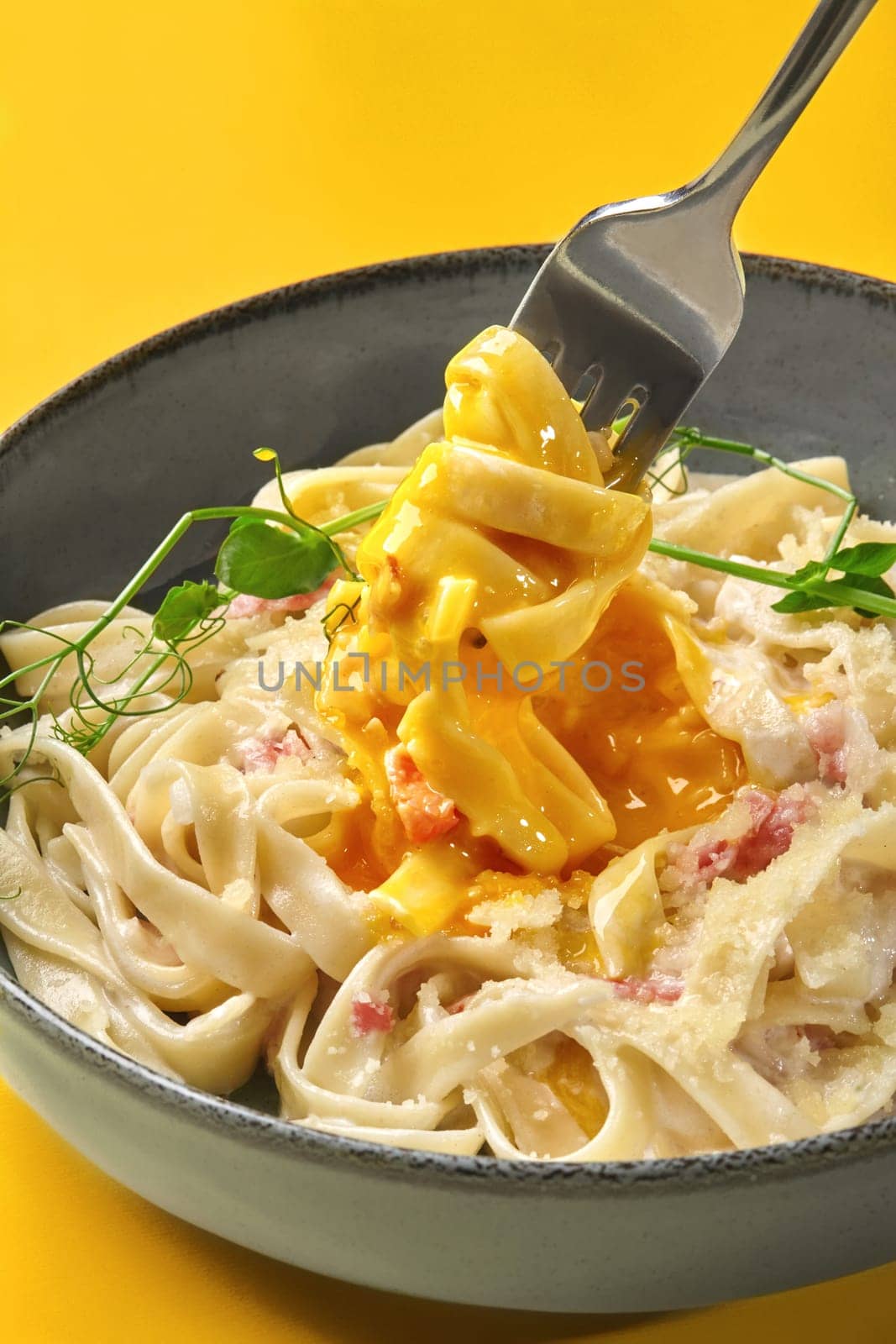 Fork raising portion of creamy fettuccine carbonara with guanciale pieces covered with velvety egg yolk, grated parmesan, and delicate herbs. Delicious dish of Italian cuisine