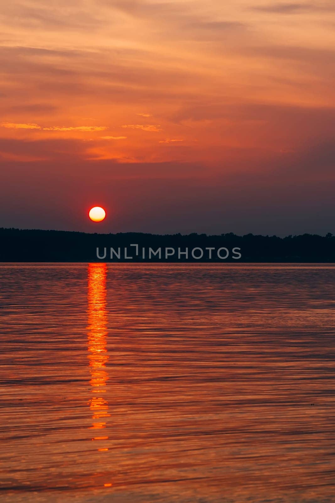 sunset on a summer evening with a big sun over the water of the sea vertical