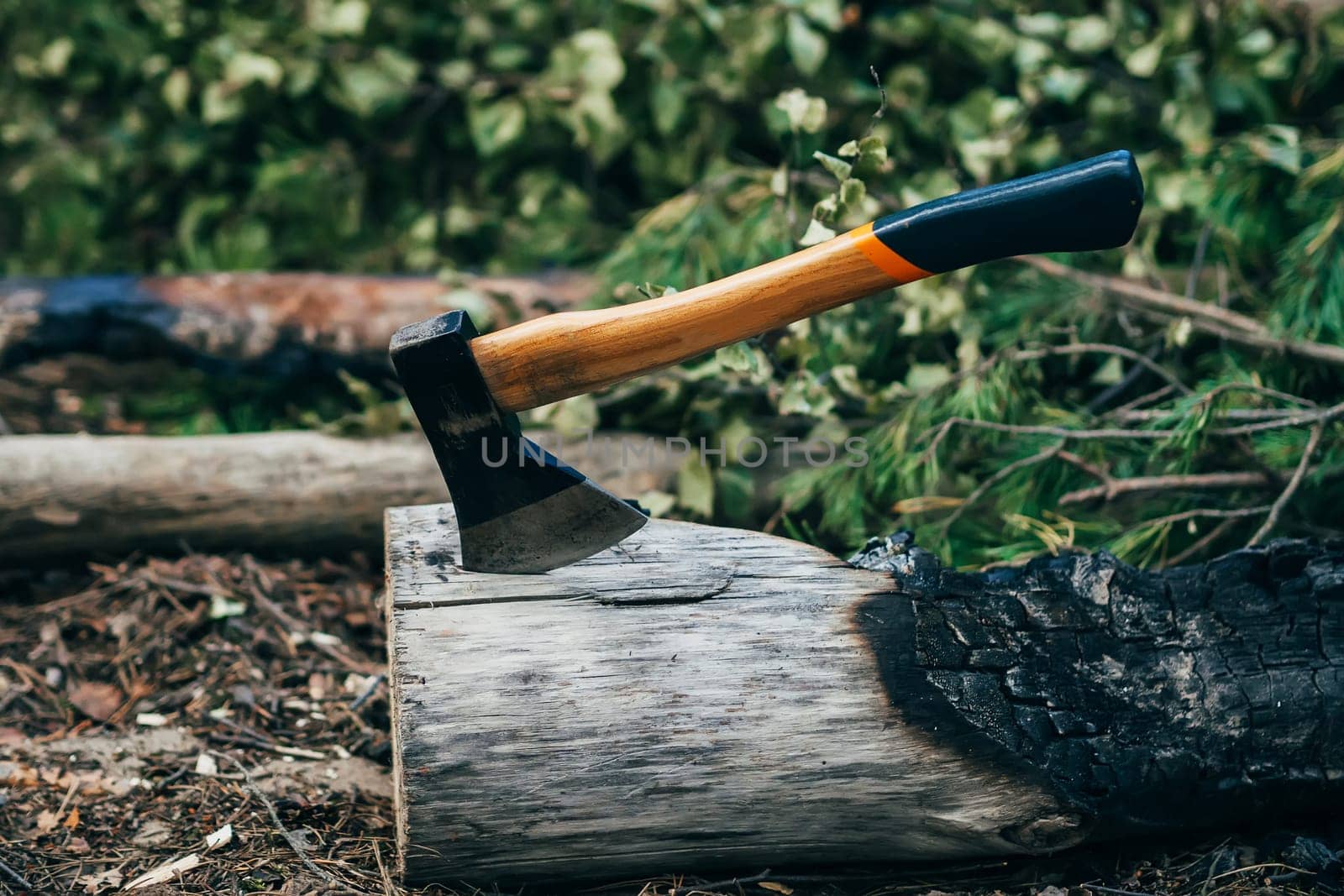 axe stuck in wood log fire pit on a summer vacation in the woods